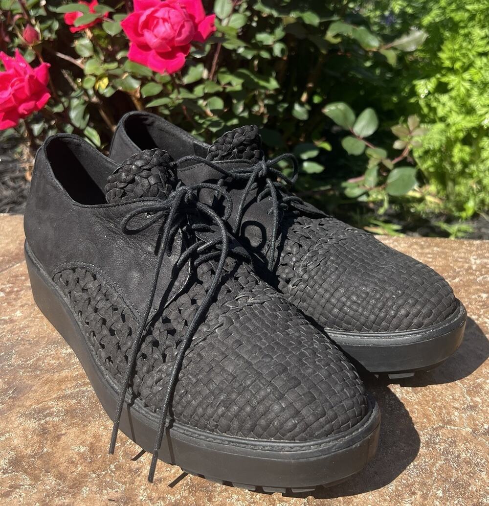 Eileen Fisher Woven Creeper Platform Women 11 Lace-up Leather Black Shoes